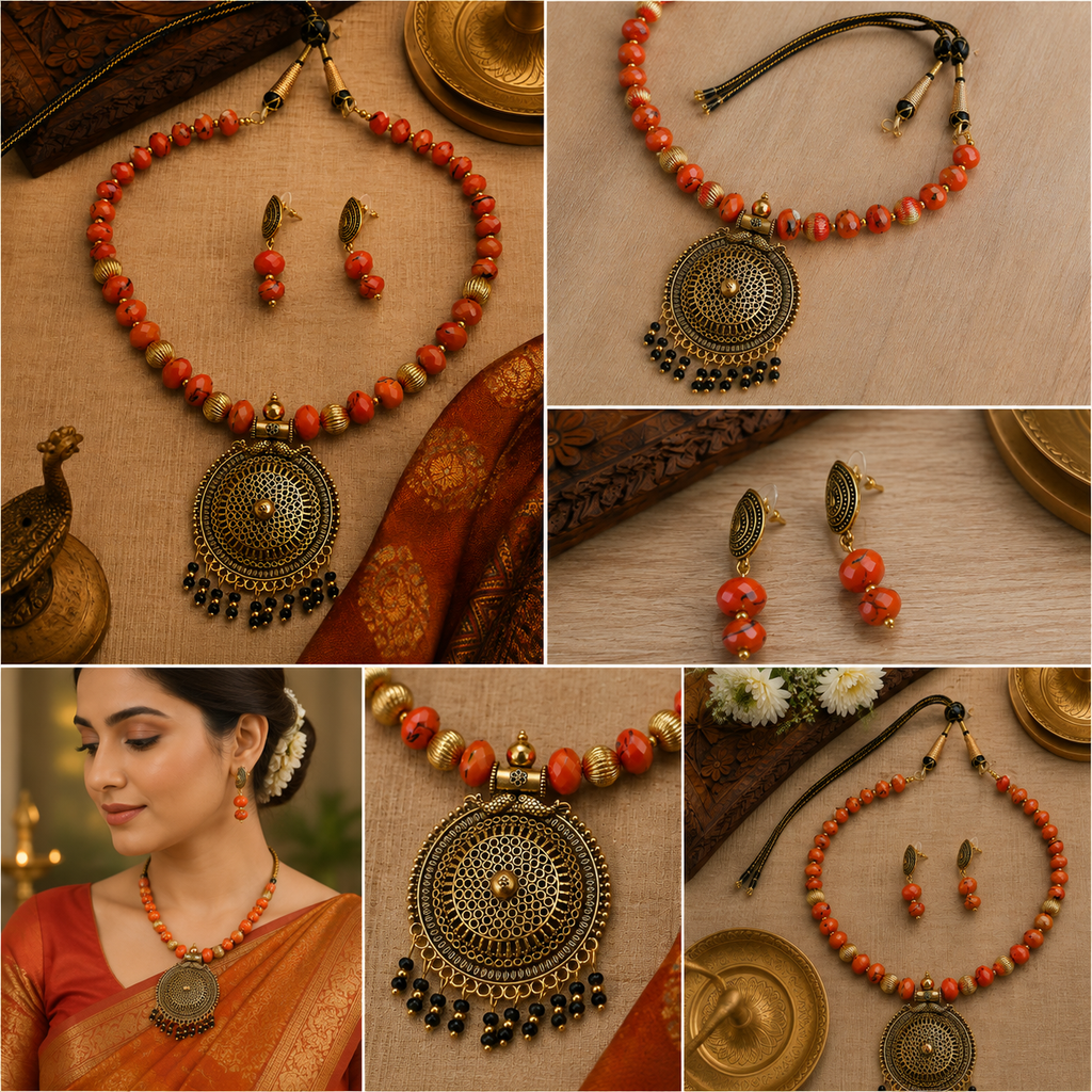 Orange Multifaceted Beads Traditional jewelry set