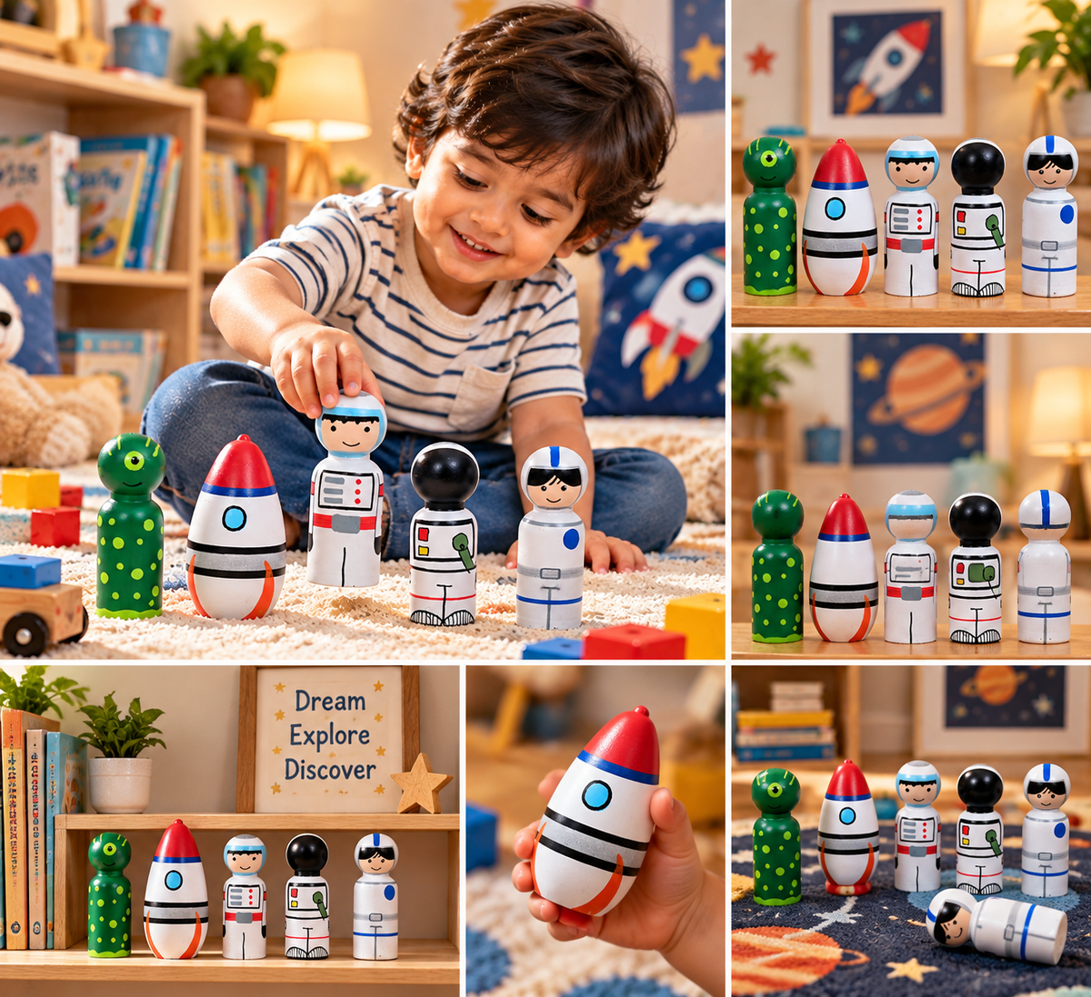 Wooden Space Peg Dolls Set, Astronaut and Alien Figures, Rocket