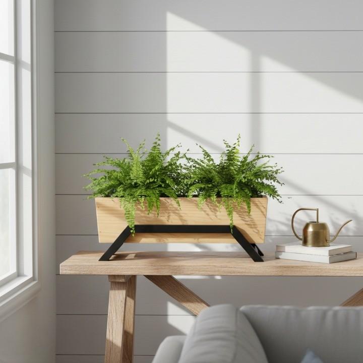 Handcrafted Mango Wood Rectangular Planter with Metal Stand – Modern Wooden Plant Pot for Indoor Plants | Decorative Tabletop Planter for Home, Office & Living Room Décor