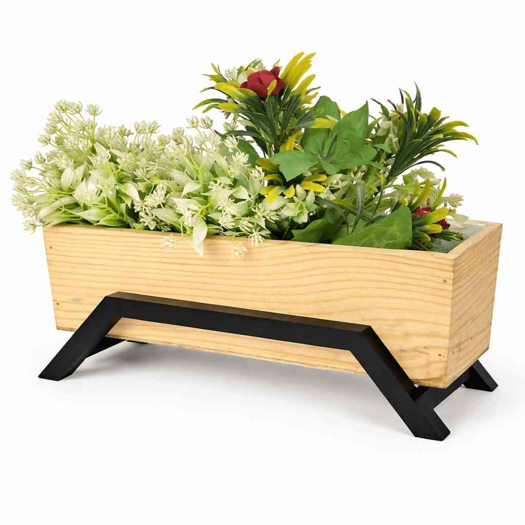 Handcrafted Mango Wood Rectangular Planter with Metal Stand – Modern Wooden Plant Pot for Indoor Plants | Decorative Tabletop Planter for Home, Office & Living Room Décor
