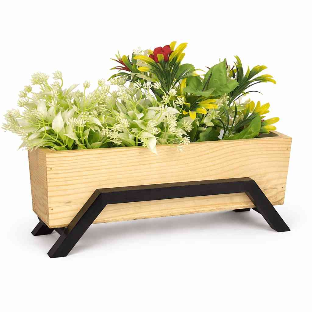 Handcrafted Mango Wood Rectangular Planter with Metal Stand – Modern Wooden Plant Pot for Indoor Plants | Decorative Tabletop Planter for Home, Office & Living Room Décor