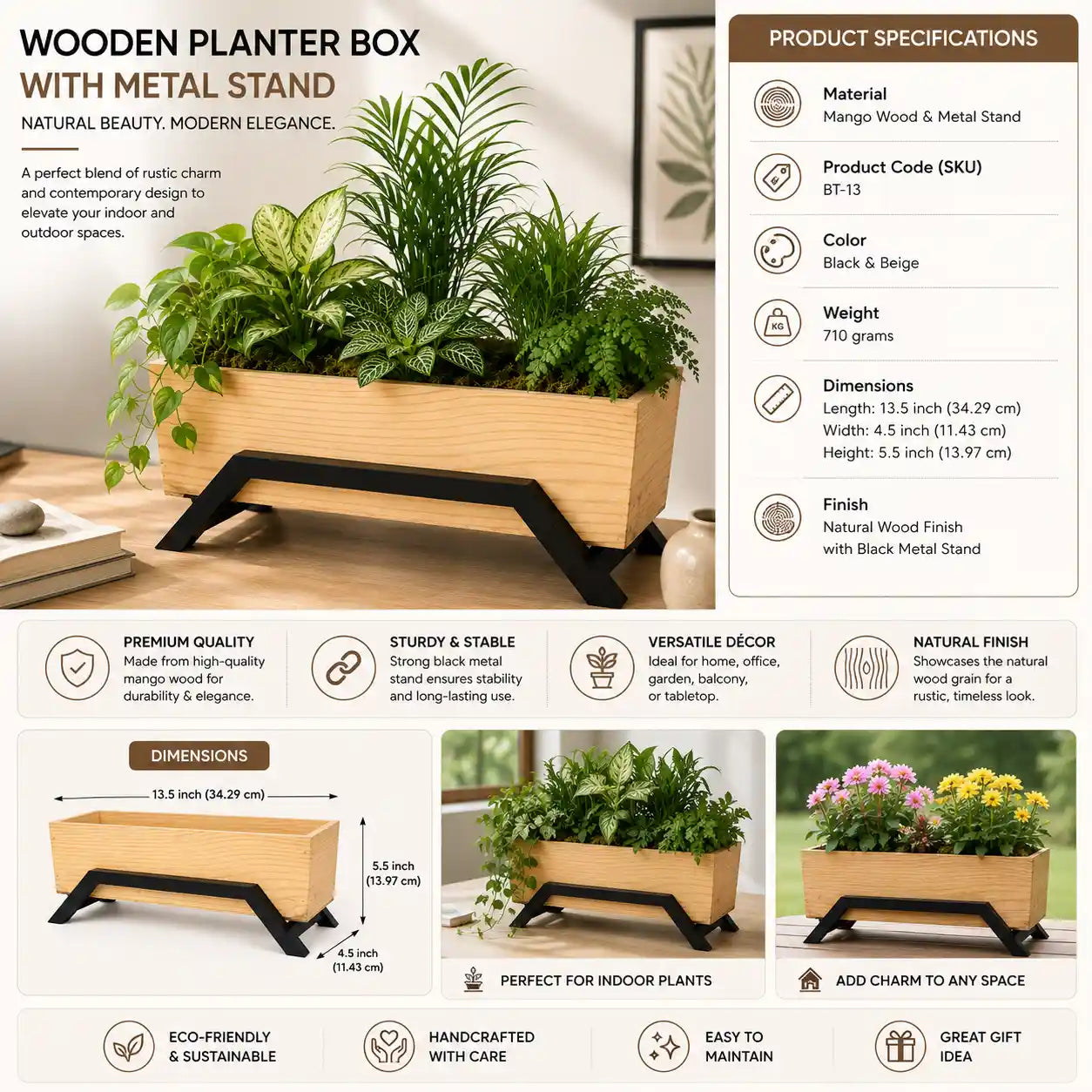 Handcrafted Mango Wood Rectangular Planter with Metal Stand – Modern Wooden Plant Pot for Indoor Plants | Decorative Tabletop Planter for Home, Office & Living Room Décor