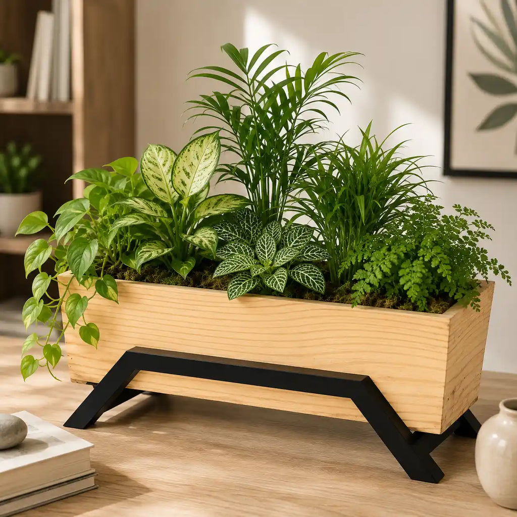 Handcrafted Mango Wood Rectangular Planter with Metal Stand – Modern Wooden Plant Pot for Indoor Plants | Decorative Tabletop Planter for Home, Office & Living Room Décor