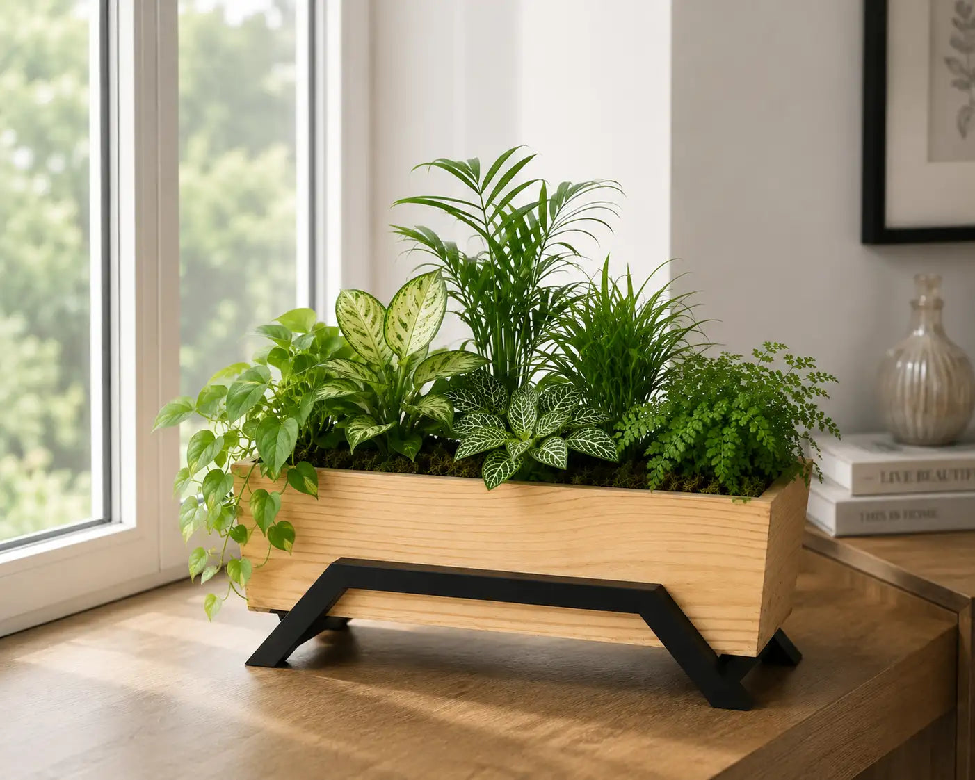 Handcrafted Mango Wood Rectangular Planter with Metal Stand – Modern Wooden Plant Pot for Indoor Plants | Decorative Tabletop Planter for Home, Office & Living Room Décor