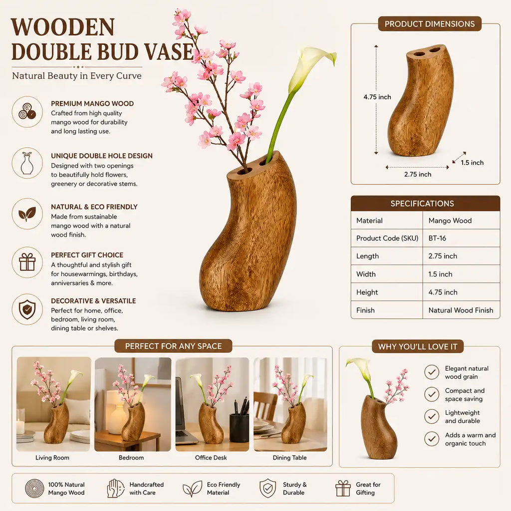 Handcrafted Wooden Bud Vase – Beech Wood Decorative Mini Flower Vase for Home Décor