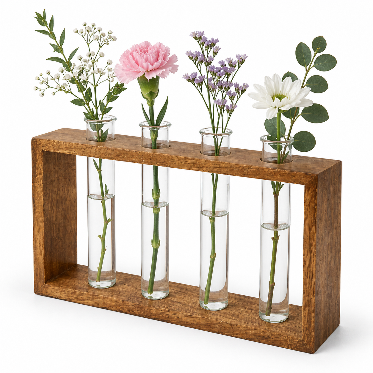 Handcrafted Wooden Frame Glass Test Tube Vase – Decorative Flower Vase for Home Décor