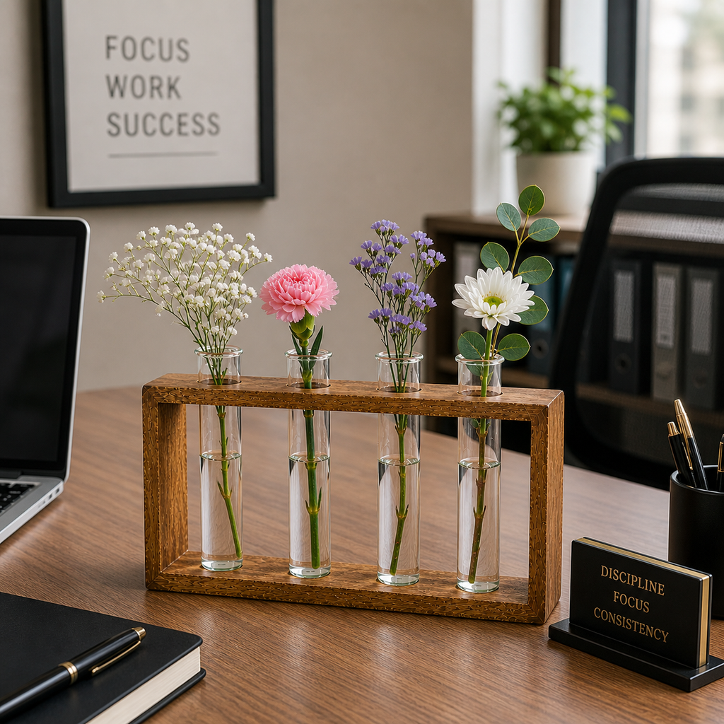 Handcrafted Wooden Frame Glass Test Tube Vase – Decorative Flower Vase for Home Décor