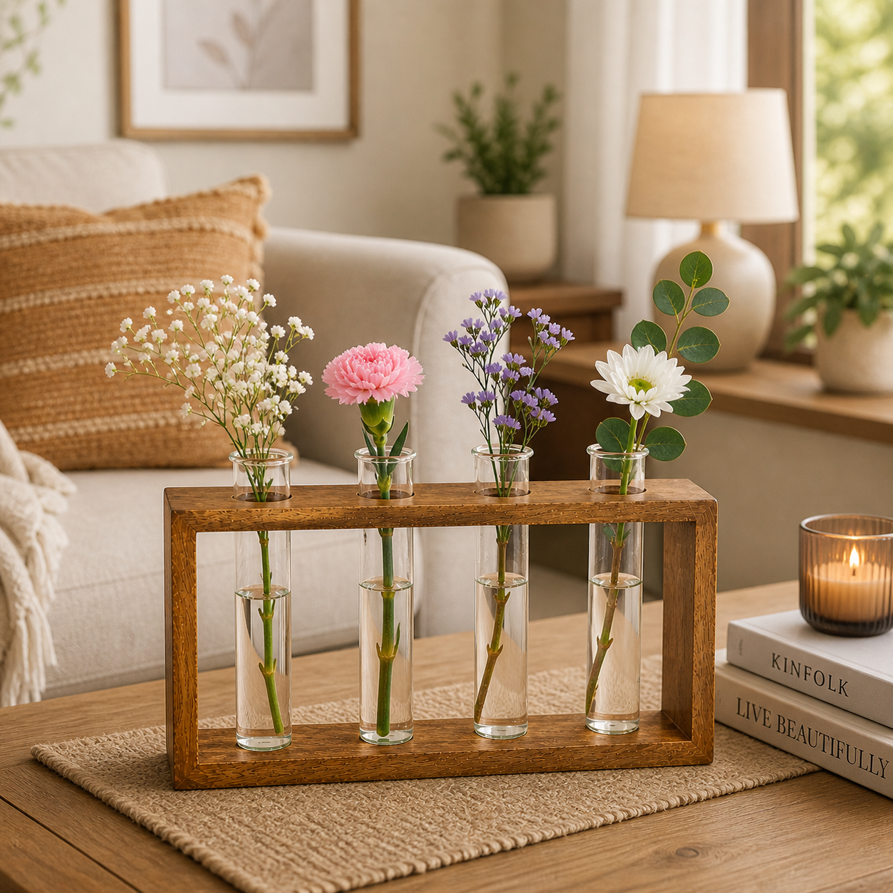 Handcrafted Wooden Frame Glass Test Tube Vase – Decorative Flower Vase for Home Décor
