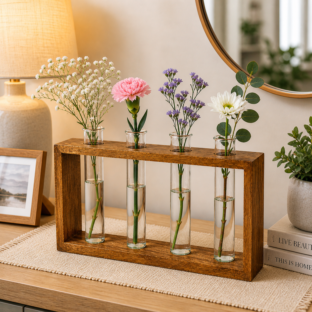 Handcrafted Wooden Frame Glass Test Tube Vase – Decorative Flower Vase for Home Décor