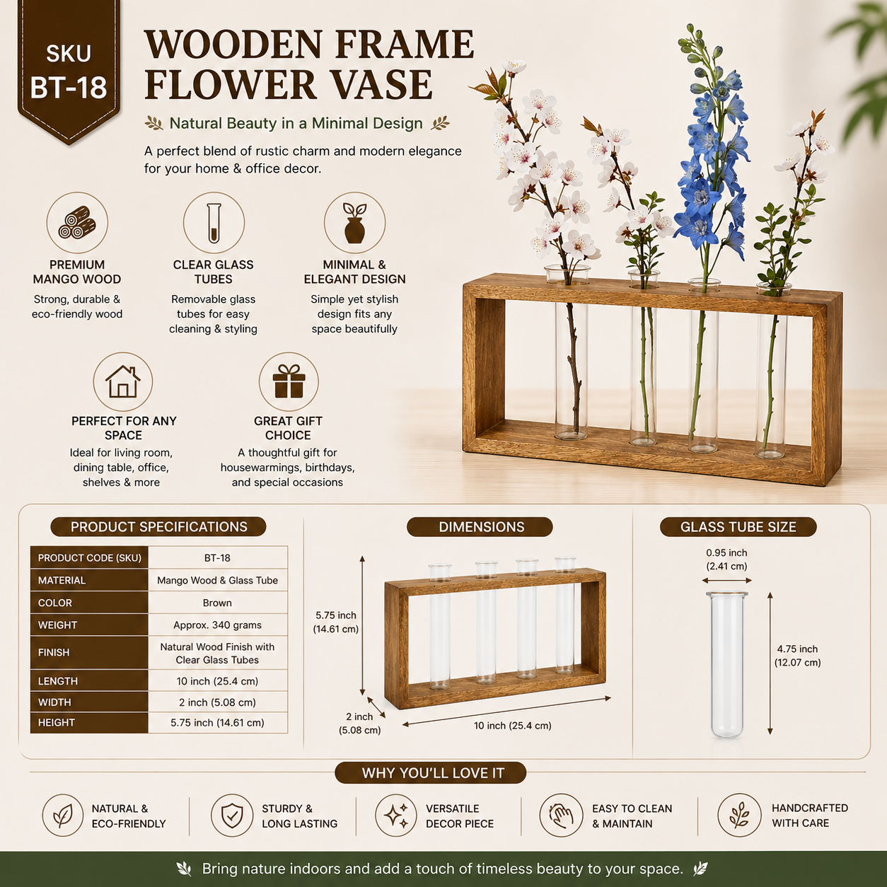 Handcrafted Wooden Frame Glass Test Tube Vase – Decorative Flower Vase for Home Décor