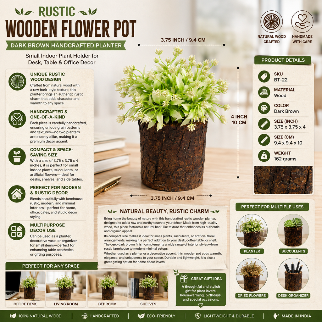 Rustic Wooden Flower Pot for Home Decor | Dark Brown Handcrafted Wooden Planter | Small Indoor Plant Holder for Desk, Table & Office Decor | 3.75 Inch