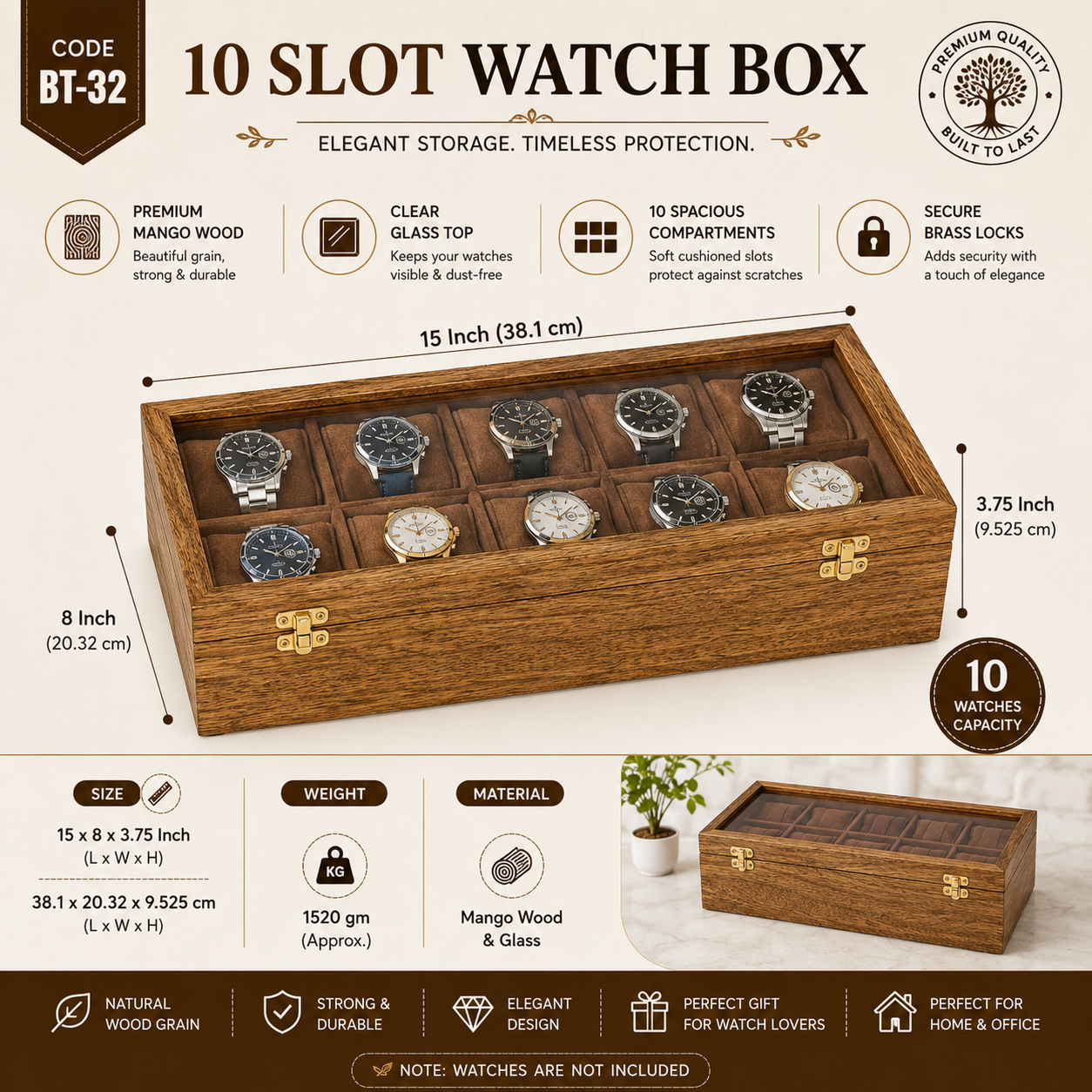 Handmade 10 Slot Wooden Watch Box Organizer with Glass Lid – Mango Wood Watch Storage Case for Men & Women, Luxury Watch Display Box with Cushioned Compartments & Brass Locks, Brown