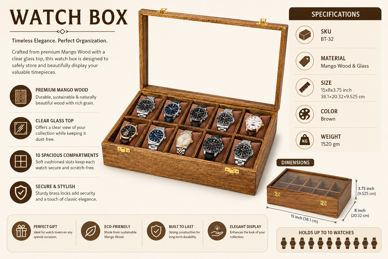 Handmade 10 Slot Wooden Watch Box Organizer with Glass Lid – Mango Wood Watch Storage Case for Men & Women, Luxury Watch Display Box with Cushioned Compartments & Brass Locks, Brown