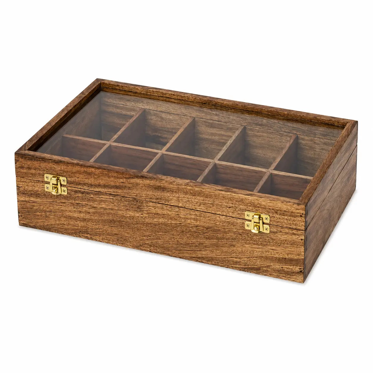 Handmade 10 Slot Wooden Watch Box Organizer with Glass Lid – Mango Wood Watch Storage Case for Men & Women, Luxury Watch Display Box with Cushioned Compartments & Brass Locks, Brown