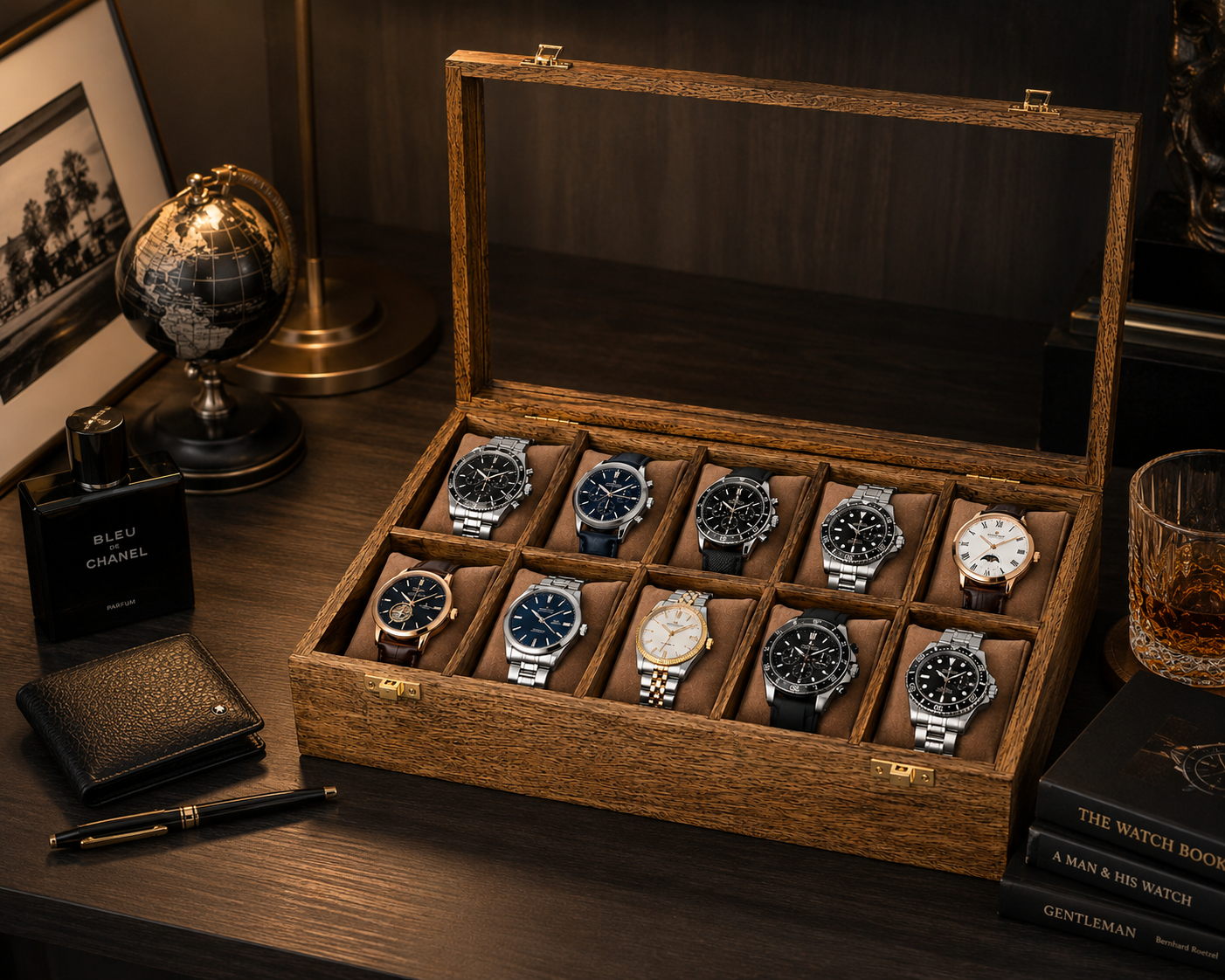 Handmade 10 Slot Wooden Watch Box Organizer with Glass Lid – Mango Wood Watch Storage Case for Men & Women, Luxury Watch Display Box with Cushioned Compartments & Brass Locks, Brown