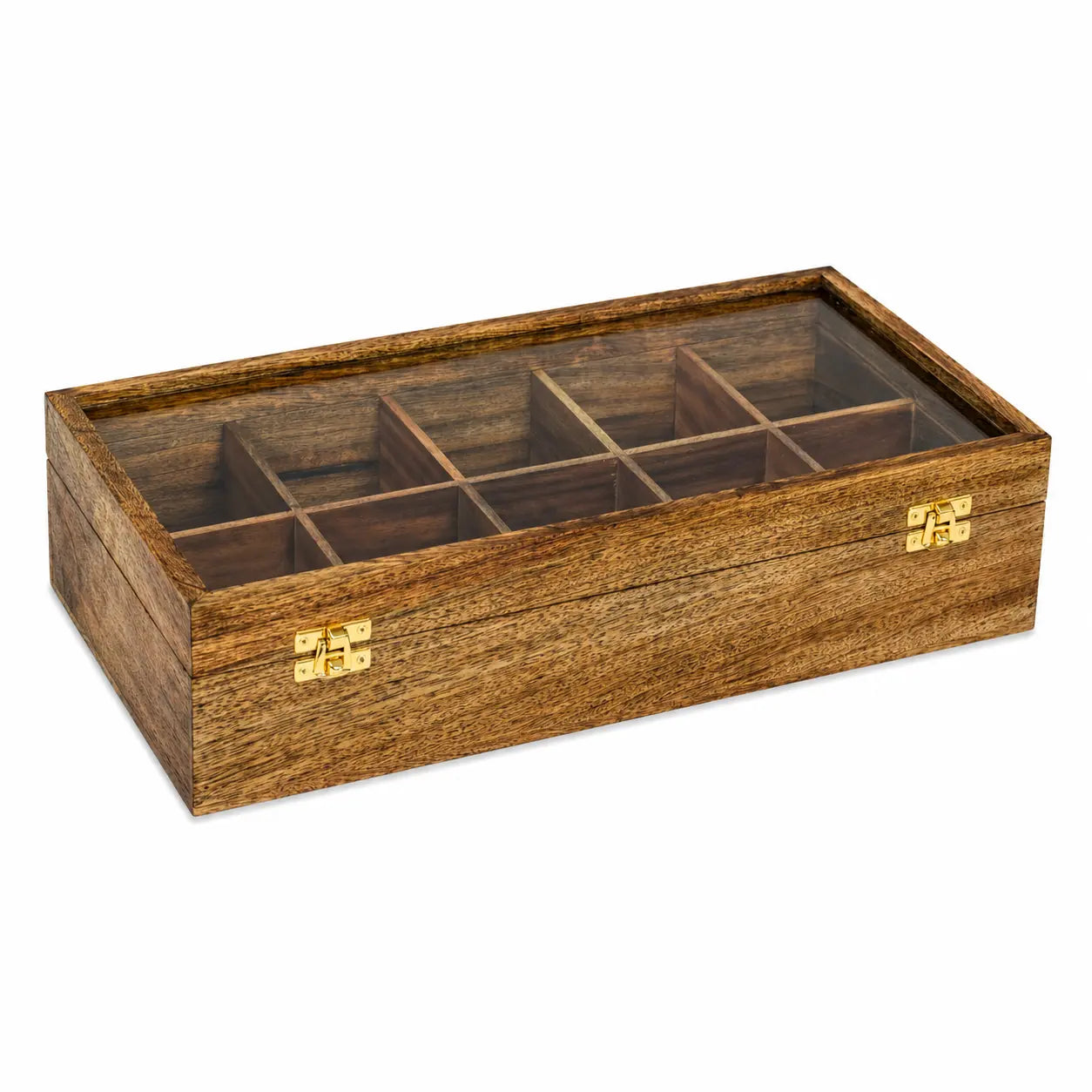 Handmade 10 Slot Wooden Watch Box Organizer with Glass Lid – Mango Wood Watch Storage Case for Men & Women, Luxury Watch Display Box with Cushioned Compartments & Brass Locks, Brown