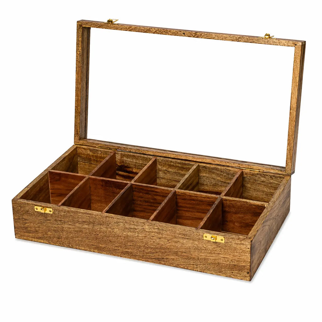 Handmade 10 Slot Wooden Watch Box Organizer with Glass Lid – Mango Wood Watch Storage Case for Men & Women, Luxury Watch Display Box with Cushioned Compartments & Brass Locks, Brown