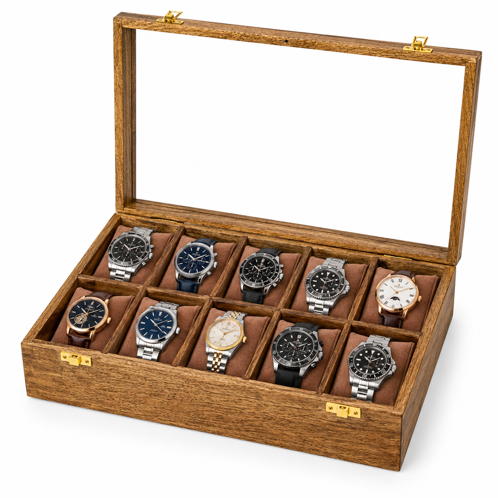 Handmade 10 Slot Wooden Watch Box Organizer with Glass Lid – Mango Wood Watch Storage Case for Men & Women, Luxury Watch Display Box with Cushioned Compartments & Brass Locks, Brown