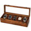 Wooden Watch Box for Men & Women – 5 Slot Mango Wood Watch Organizer with Glass Lid, Handmade Luxury Watch Storage Case with Brass Lock Display Box, Brown