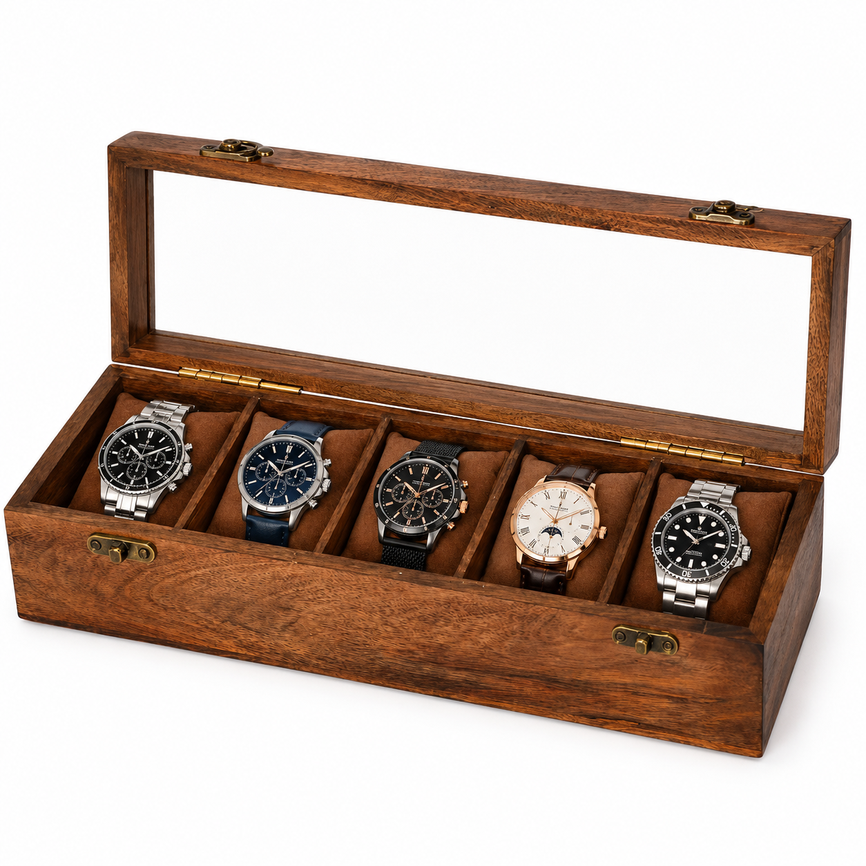 Wooden Watch Box for Men & Women – 5 Slot Mango Wood Watch Organizer with Glass Lid, Handmade Luxury Watch Storage Case with Brass Lock Display Box, Brown