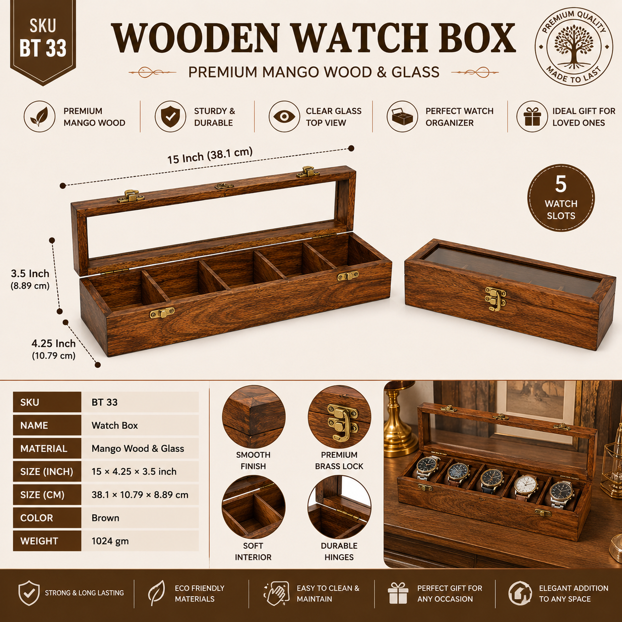 Wooden Watch Box for Men & Women – 5 Slot Mango Wood Watch Organizer with Glass Lid, Handmade Luxury Watch Storage Case with Brass Lock Display Box, Brown