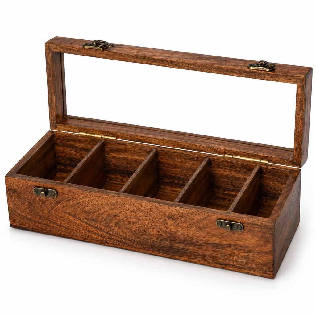 Wooden Watch Box for Men & Women – 5 Slot Mango Wood Watch Organizer with Glass Lid, Handmade Luxury Watch Storage Case with Brass Lock Display Box, Brown