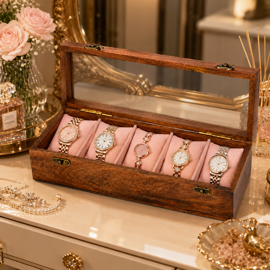 Wooden Watch Box for Men & Women – 5 Slot Mango Wood Watch Organizer with Glass Lid, Handmade Luxury Watch Storage Case with Brass Lock Display Box, Brown