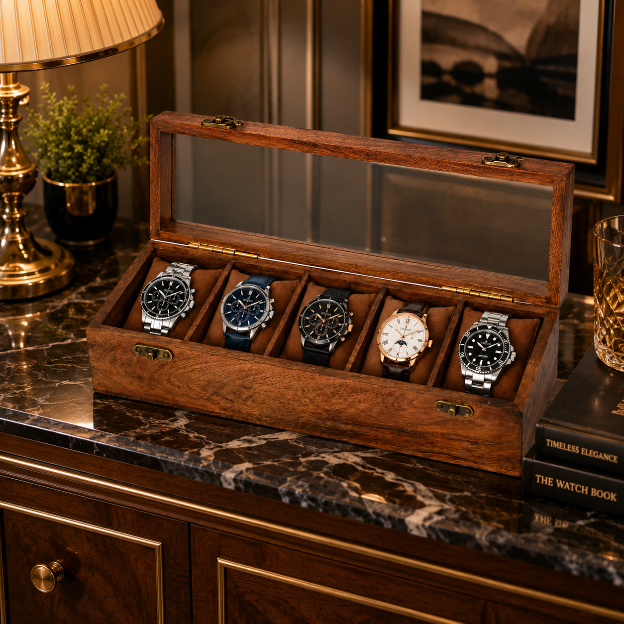 Wooden Watch Box for Men & Women – 5 Slot Mango Wood Watch Organizer with Glass Lid, Handmade Luxury Watch Storage Case with Brass Lock Display Box, Brown