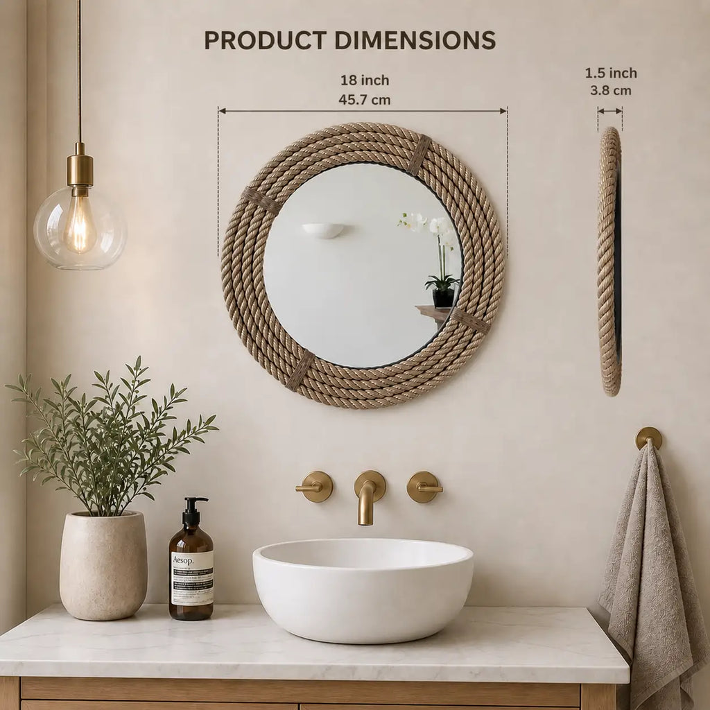 Wall Mounted Round Mirror with Jute Rope Frame – Handmade Decorative Rustic Wall Mirror for Bathroom, Living Room, Bedroom & Entryway, Wooden Base Mirror, 18 Inch, Beige