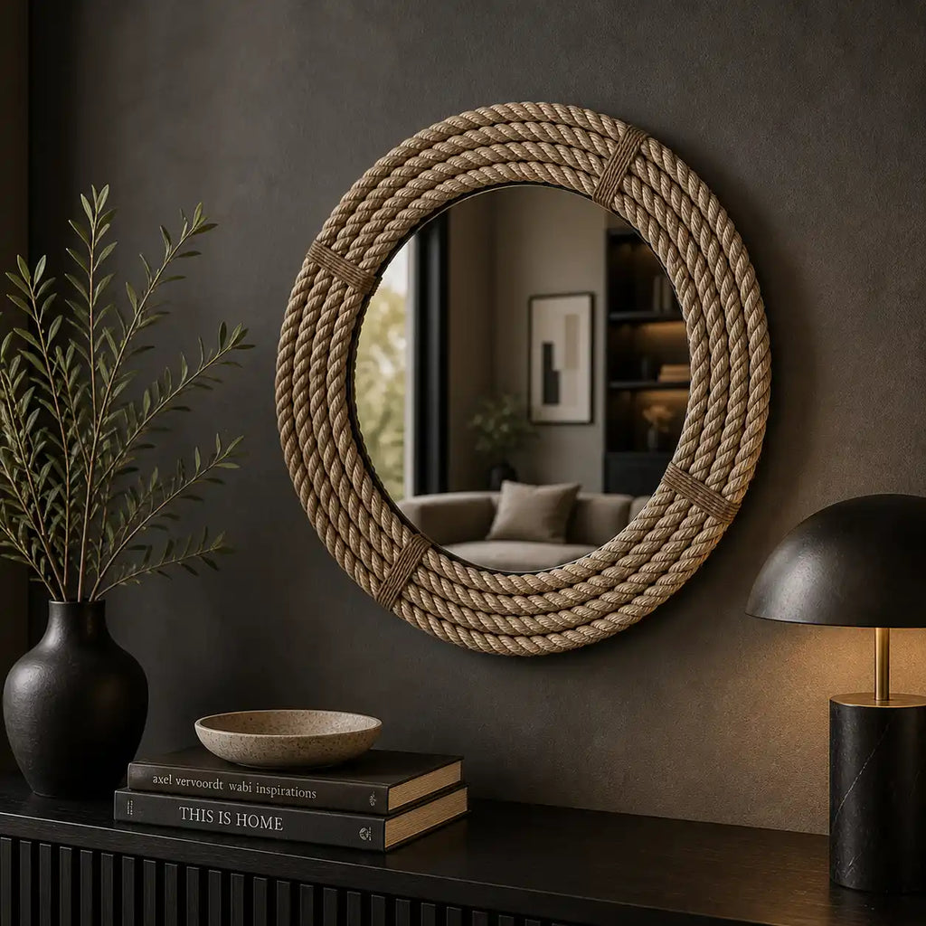 Wall Mounted Round Mirror with Jute Rope Frame – Handmade Decorative Rustic Wall Mirror for Bathroom, Living Room, Bedroom & Entryway, Wooden Base Mirror, 18 Inch, Beige