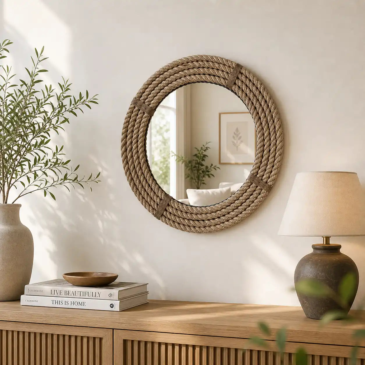 Wall Mounted Round Mirror with Jute Rope Frame – Handmade Decorative Rustic Wall Mirror for Bathroom, Living Room, Bedroom & Entryway, Wooden Base Mirror, 18 Inch, Beige