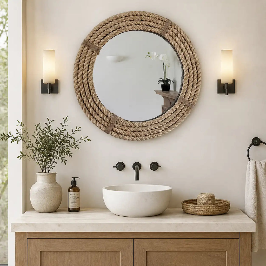 Wall Mounted Round Mirror with Jute Rope Frame – Handmade Decorative Rustic Wall Mirror for Bathroom, Living Room, Bedroom & Entryway, Wooden Base Mirror, 18 Inch, Beige