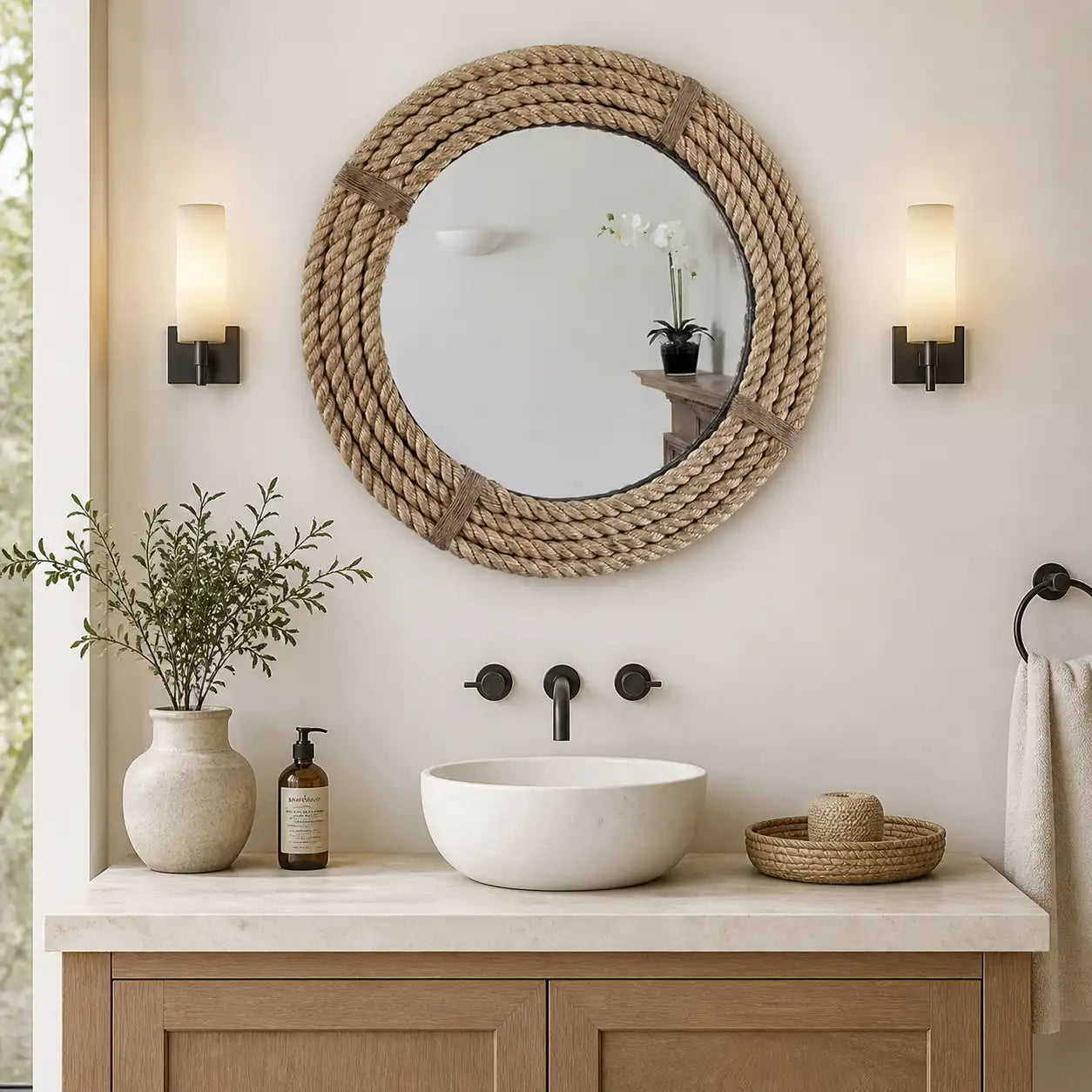 Wall Mounted Round Mirror with Jute Rope Frame – Handmade Decorative Rustic Wall Mirror for Bathroom, Living Room, Bedroom & Entryway, Wooden Base Mirror, 18 Inch, Beige