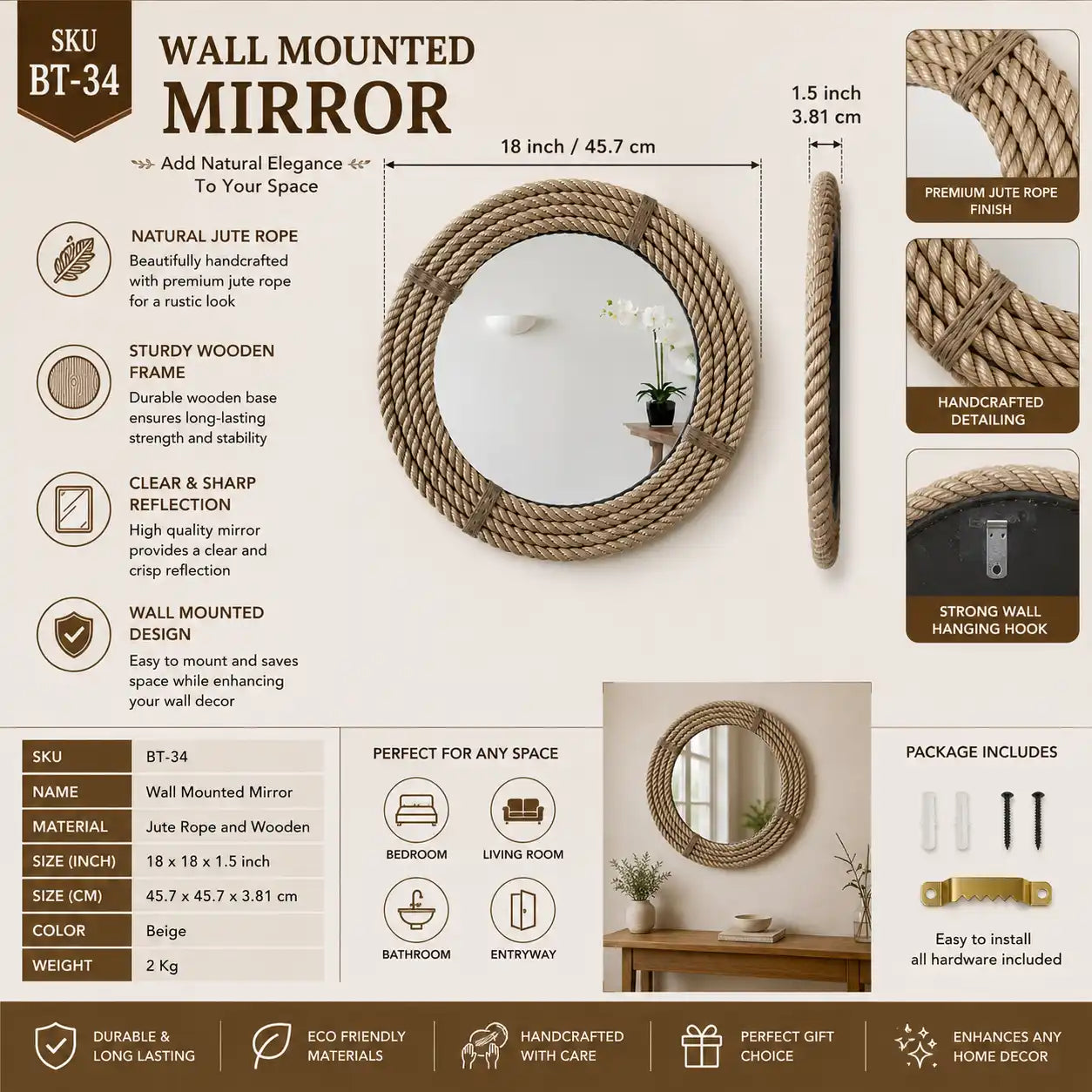 Wall Mounted Round Mirror with Jute Rope Frame – Handmade Decorative Rustic Wall Mirror for Bathroom, Living Room, Bedroom & Entryway, Wooden Base Mirror, 18 Inch, Beige