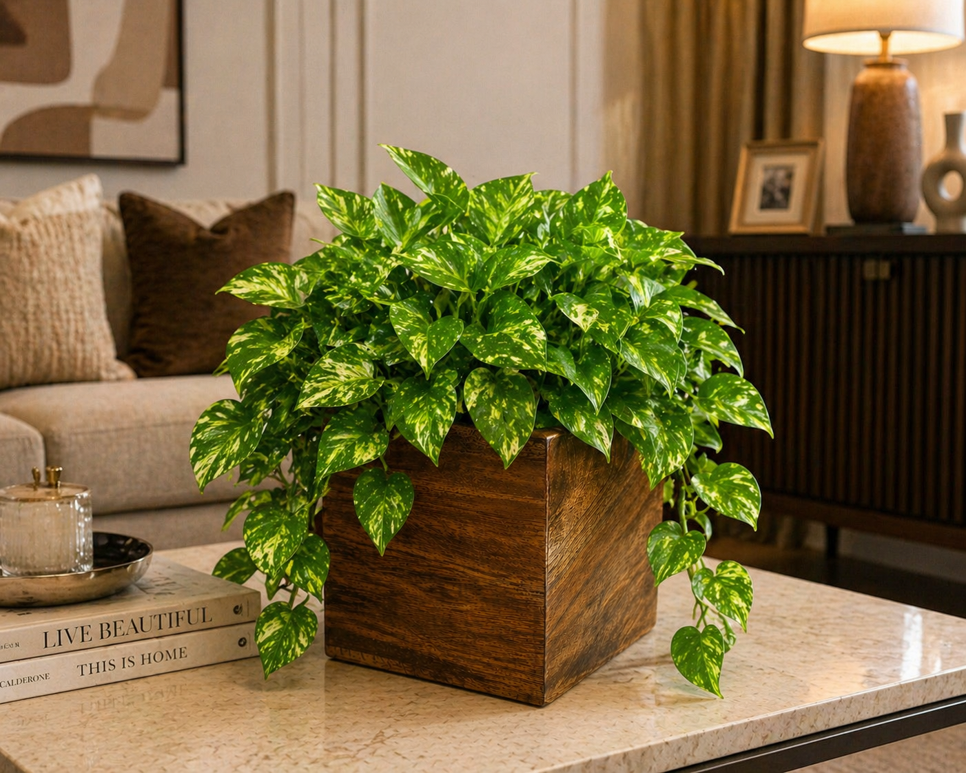 Wooden Planter Pot for Indoor Plants – Mango Wood Square Flower Pot with Water Resistant Lining, Handmade Decorative Plant Holder for Home & Office Décor (4.5 Inch)