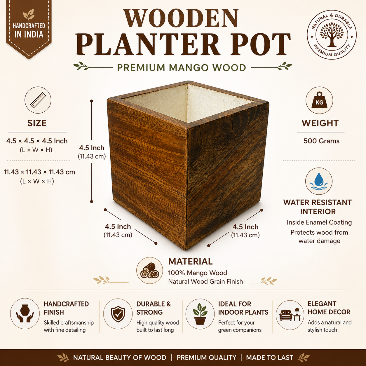 Wooden Planter Pot for Indoor Plants – Mango Wood Square Flower Pot with Water Resistant Lining, Handmade Decorative Plant Holder for Home & Office Décor (4.5 Inch)