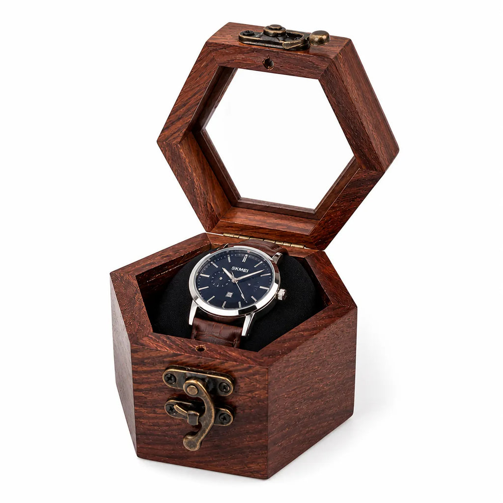 Wooden Watch Box for Men & Women | Hexagon Honeycomb Rosewood Watch Case with Glass Lid | Luxury Timepiece Storage Organizer | Travel Jewelry Box