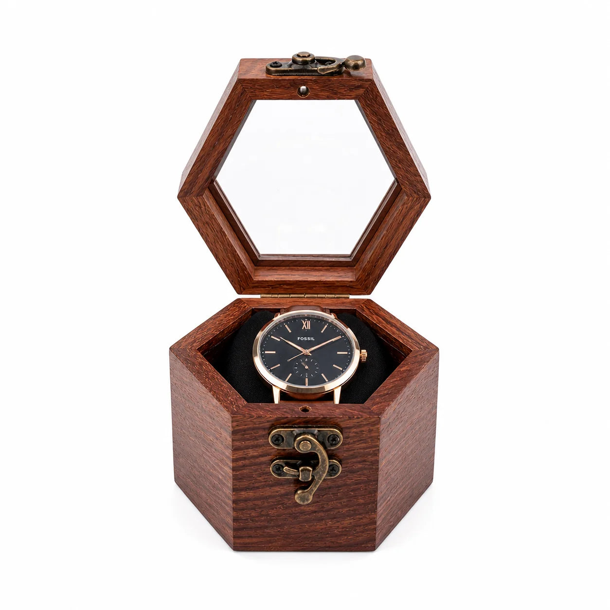 Wooden Watch Box for Men & Women | Hexagon Honeycomb Rosewood Watch Case with Glass Lid | Luxury Timepiece Storage Organizer | Travel Jewelry Box