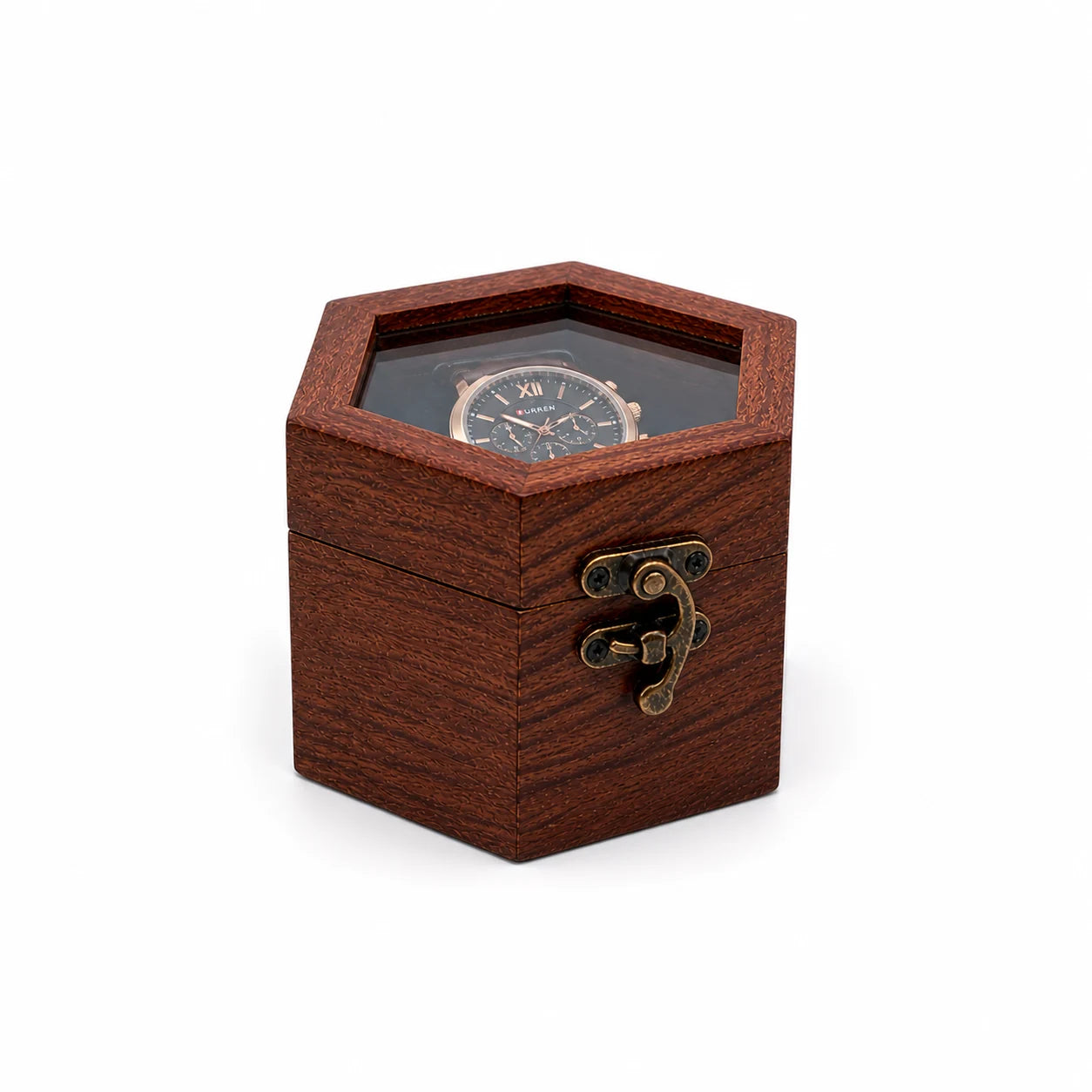 Wooden Watch Box for Men & Women | Hexagon Honeycomb Rosewood Watch Case with Glass Lid | Luxury Timepiece Storage Organizer | Travel Jewelry Box