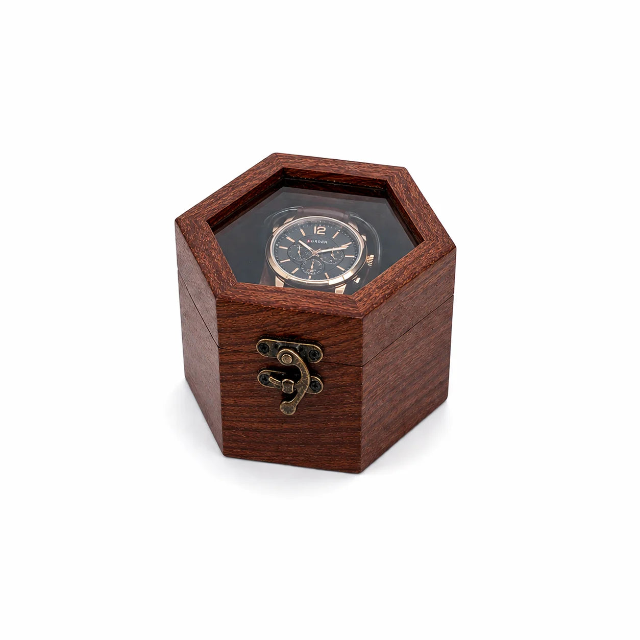 Wooden Watch Box for Men & Women | Hexagon Honeycomb Rosewood Watch Case with Glass Lid | Luxury Timepiece Storage Organizer | Travel Jewelry Box
