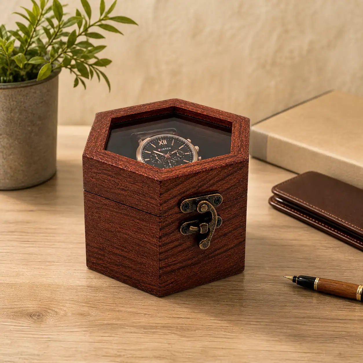 Wooden Watch Box for Men & Women | Hexagon Honeycomb Rosewood Watch Case with Glass Lid | Luxury Timepiece Storage Organizer | Travel Jewelry Box