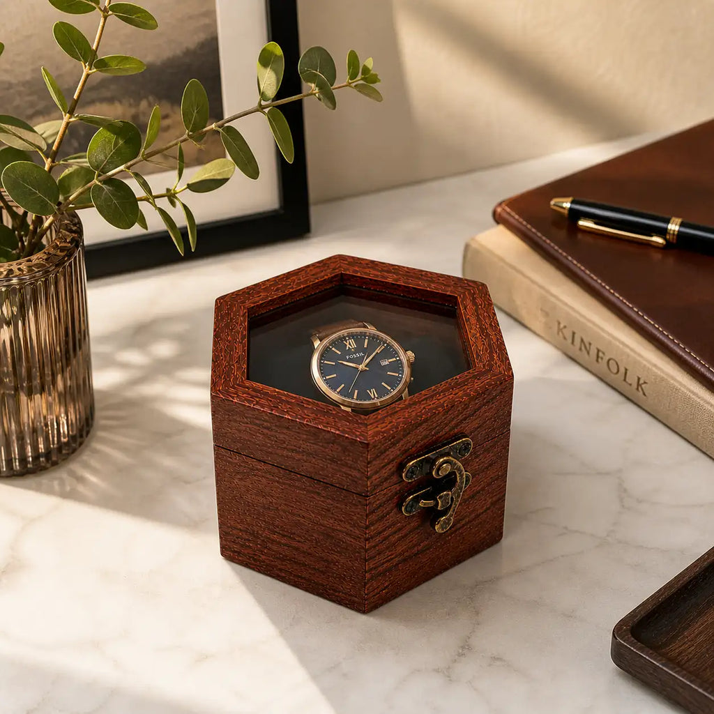Wooden Watch Box for Men & Women | Hexagon Honeycomb Rosewood Watch Case with Glass Lid | Luxury Timepiece Storage Organizer | Travel Jewelry Box