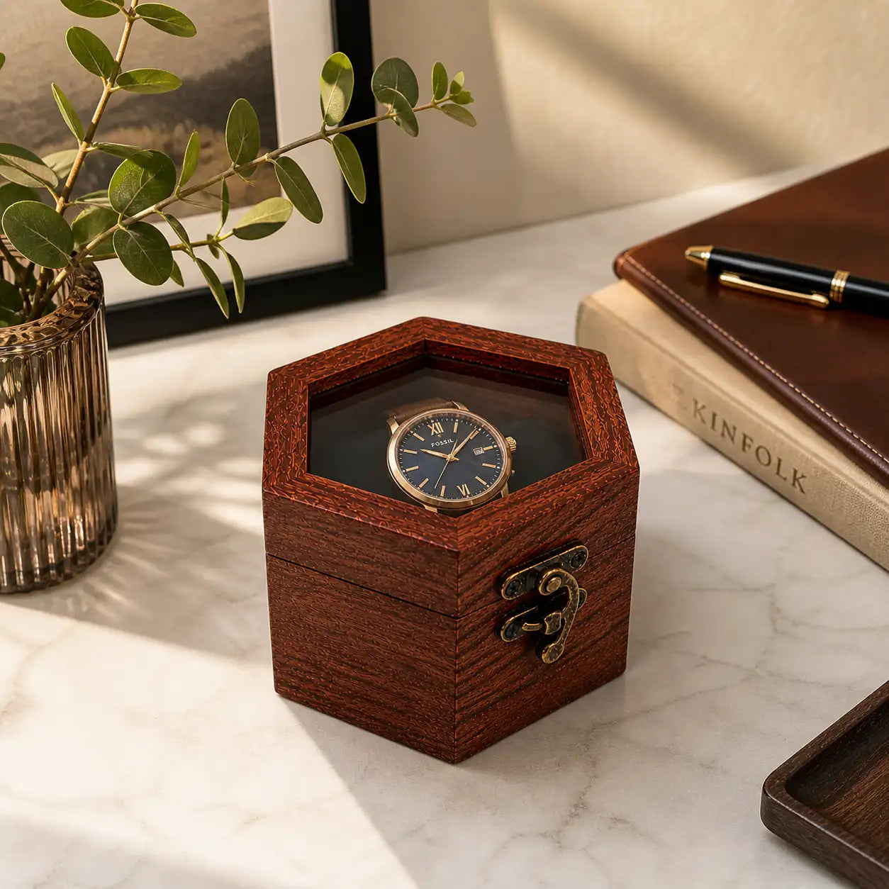 Wooden Watch Box for Men & Women | Hexagon Honeycomb Rosewood Watch Case with Glass Lid | Luxury Timepiece Storage Organizer | Travel Jewelry Box