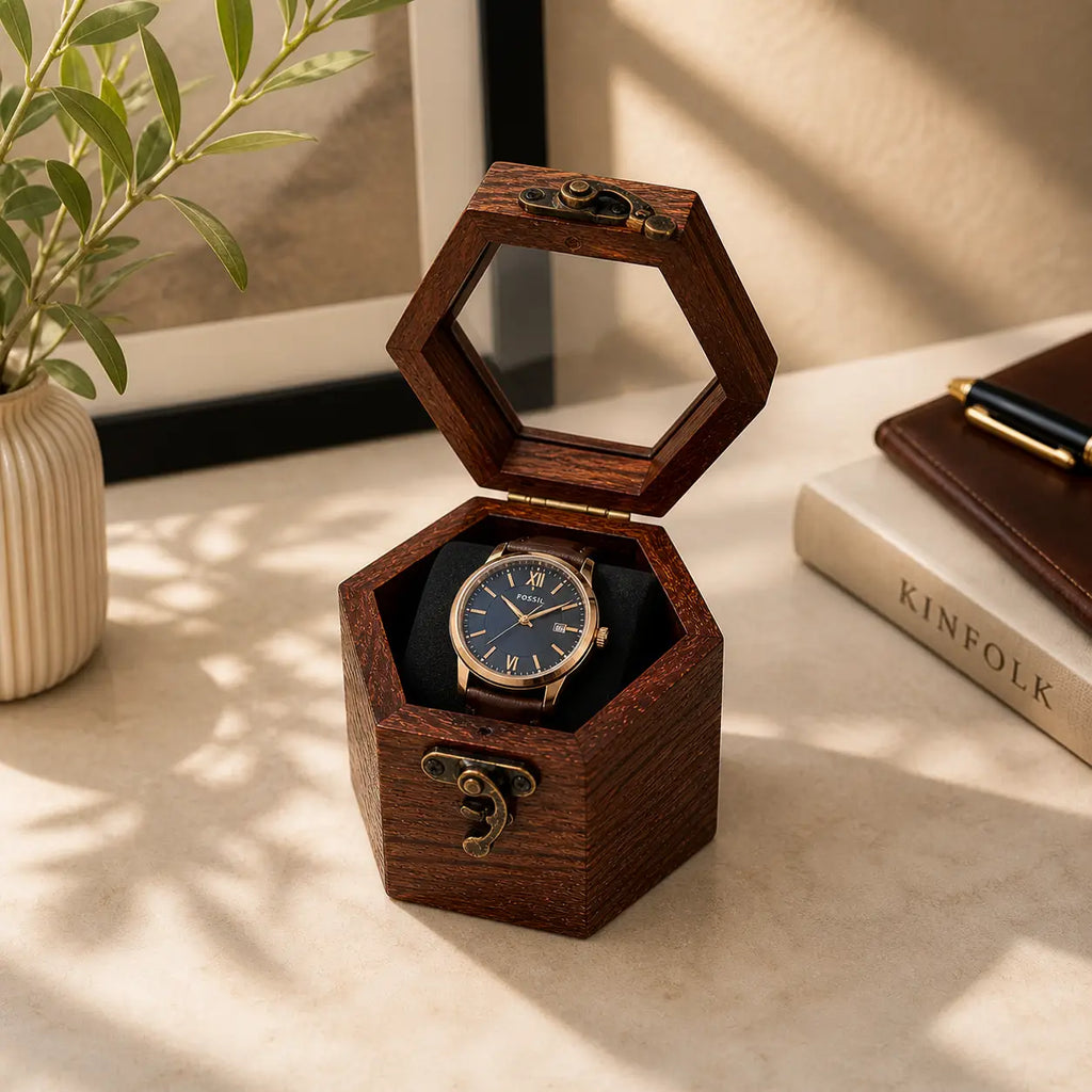 Wooden Watch Box for Men & Women | Hexagon Honeycomb Rosewood Watch Case with Glass Lid | Luxury Timepiece Storage Organizer | Travel Jewelry Box
