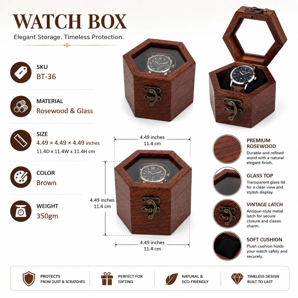 Wooden Watch Box for Men & Women | Hexagon Honeycomb Rosewood Watch Case with Glass Lid | Luxury Timepiece Storage Organizer | Travel Jewelry Box