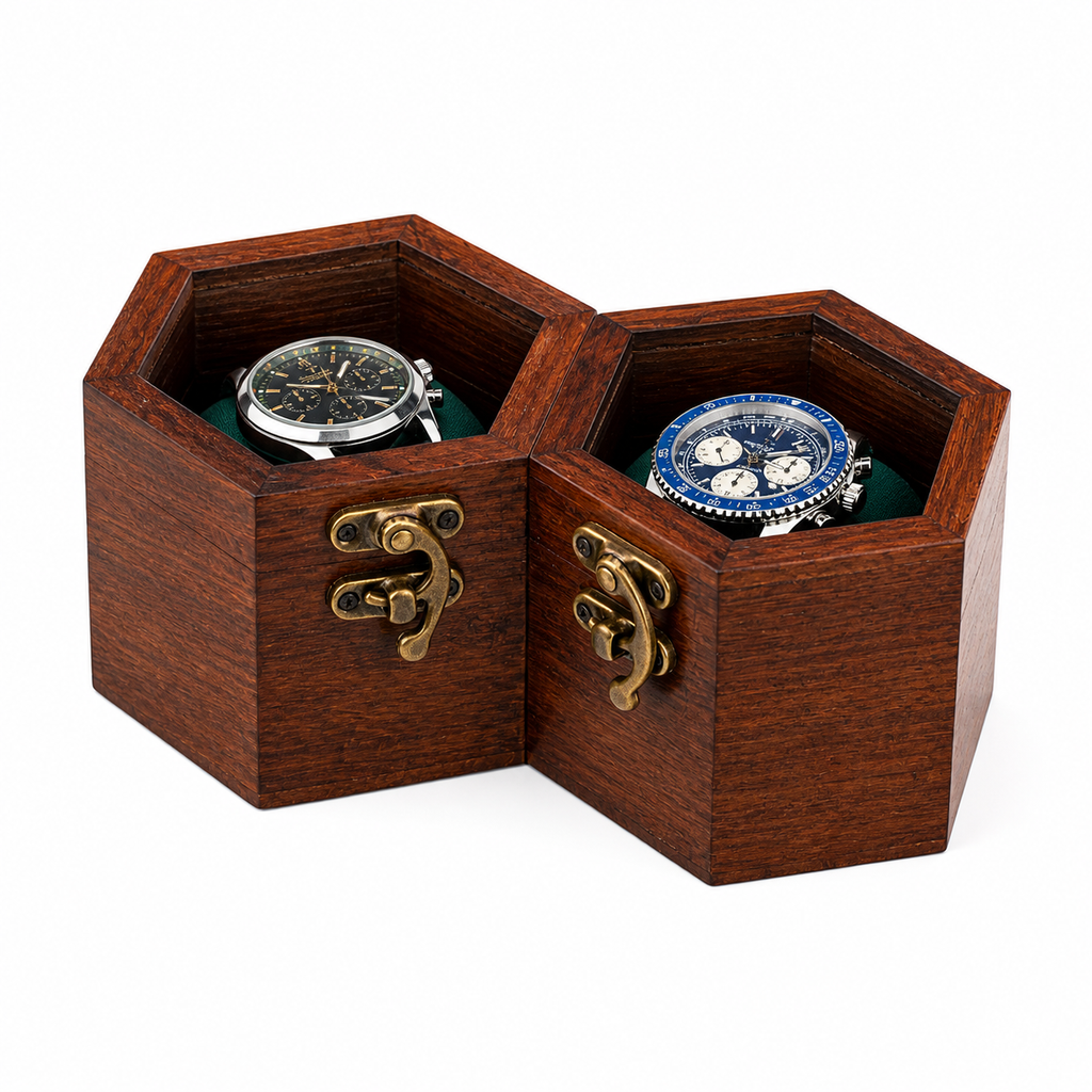 Luxury Rosewood Watch Box for Men – 2 Slot Wooden Watch Organizer with Soft Cushions & Metal Lock, Hexagon Honeycomb Watch Storage Case, Handmade Premium Gift