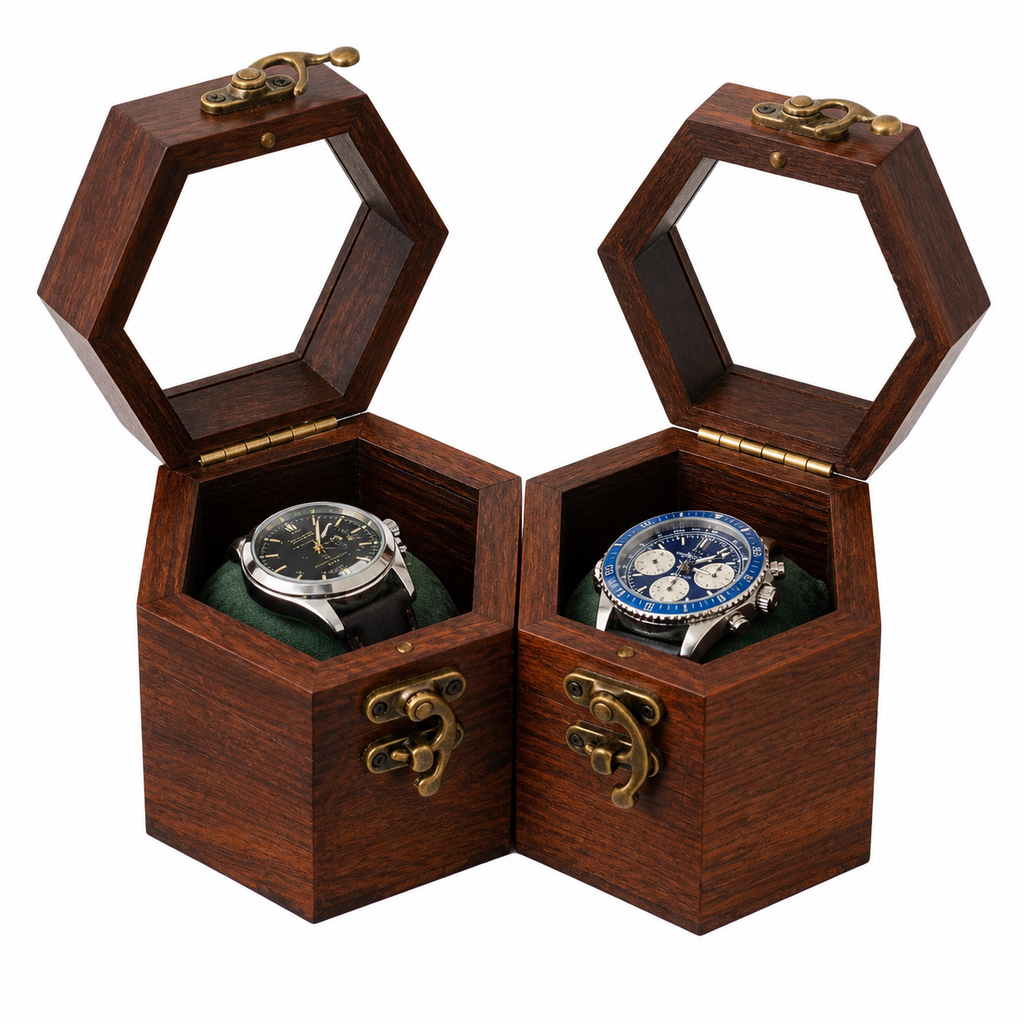 Luxury Rosewood Watch Box for Men – 2 Slot Wooden Watch Organizer with Soft Cushions & Metal Lock, Hexagon Honeycomb Watch Storage Case, Handmade Premium Gift