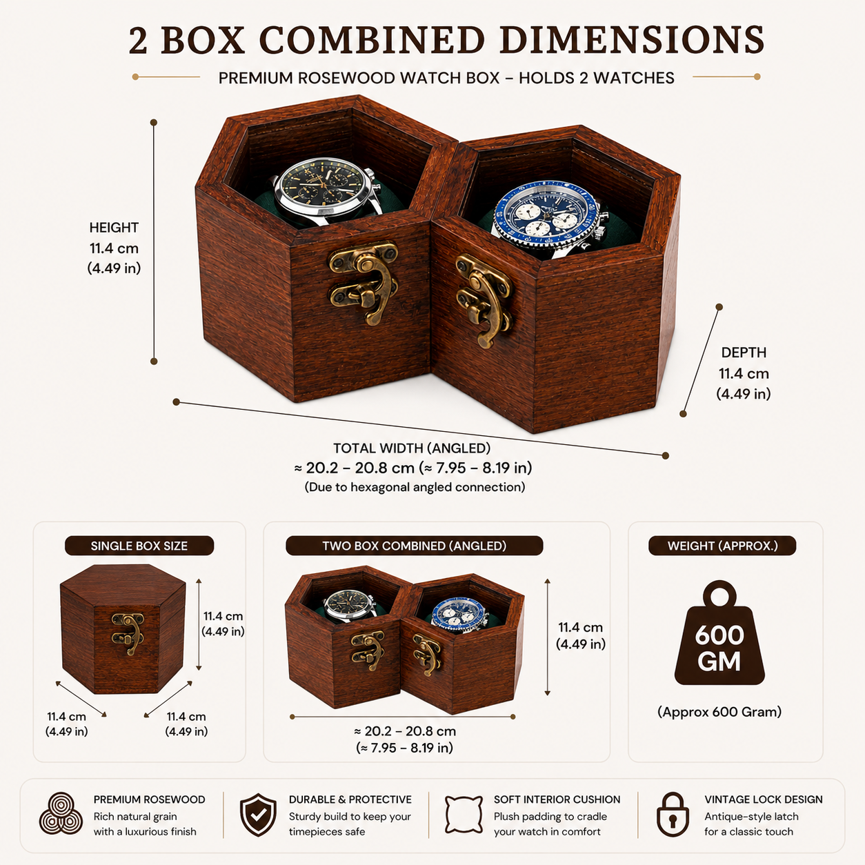 Luxury Rosewood Watch Box for Men – 2 Slot Wooden Watch Organizer with Soft Cushions & Metal Lock, Hexagon Honeycomb Watch Storage Case, Handmade Premium Gift