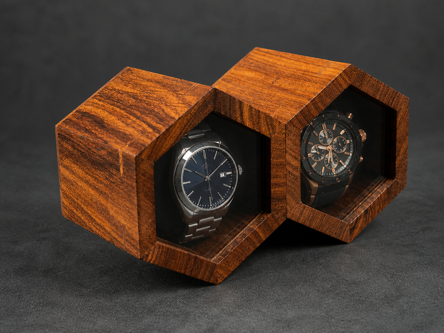 Luxury Rosewood Watch Box for Men – 2 Slot Wooden Watch Organizer with Soft Cushions & Metal Lock, Hexagon Honeycomb Watch Storage Case, Handmade Premium Gift