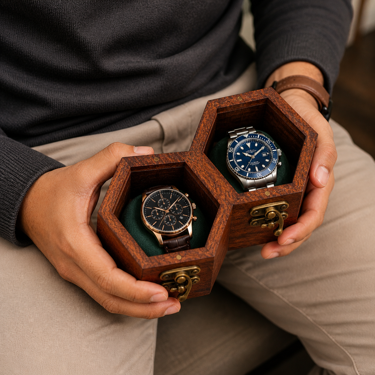 Luxury Rosewood Watch Box for Men – 2 Slot Wooden Watch Organizer with Soft Cushions & Metal Lock, Hexagon Honeycomb Watch Storage Case, Handmade Premium Gift